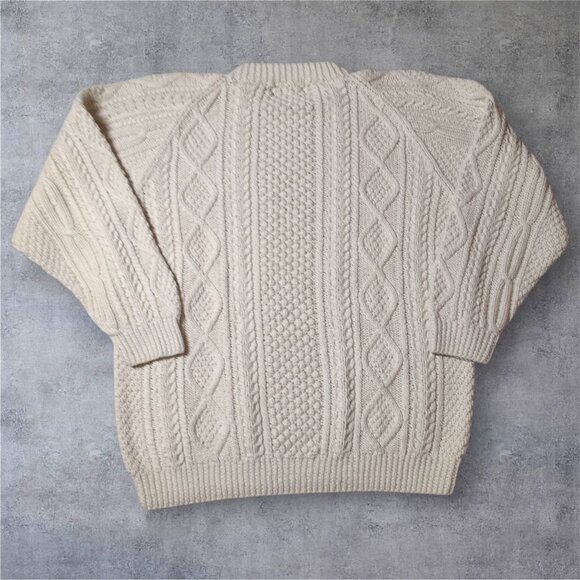 Handknit Aran Fisherman Sweater XXL Cream Cable Knit Crewneck Pullover - Picture 2 of 10